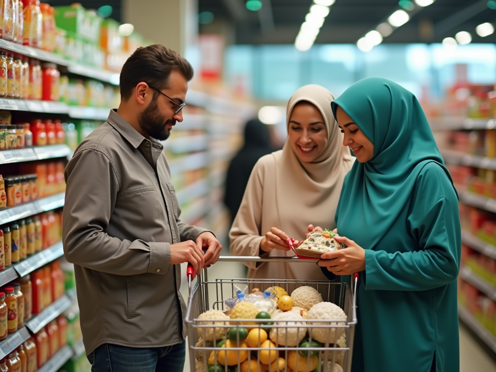 Три человека выбирают продукты в супермаркете, двое женщин в хиджабах смотрят что-то на планшете.