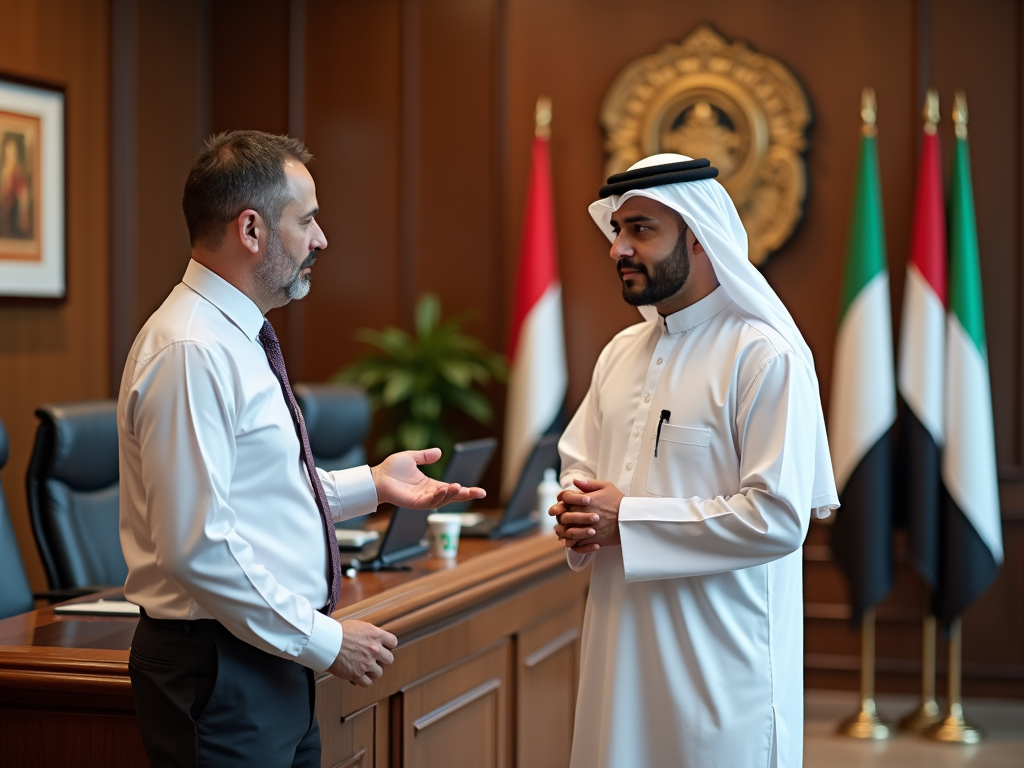 Two men in business attire discussing in an office with flags in the background.