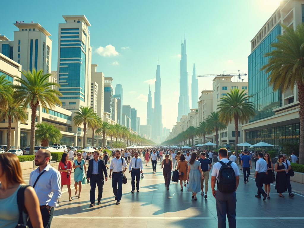 Crowded street in a modern city with pedestrians and towering skyscrapers under a sunny sky.