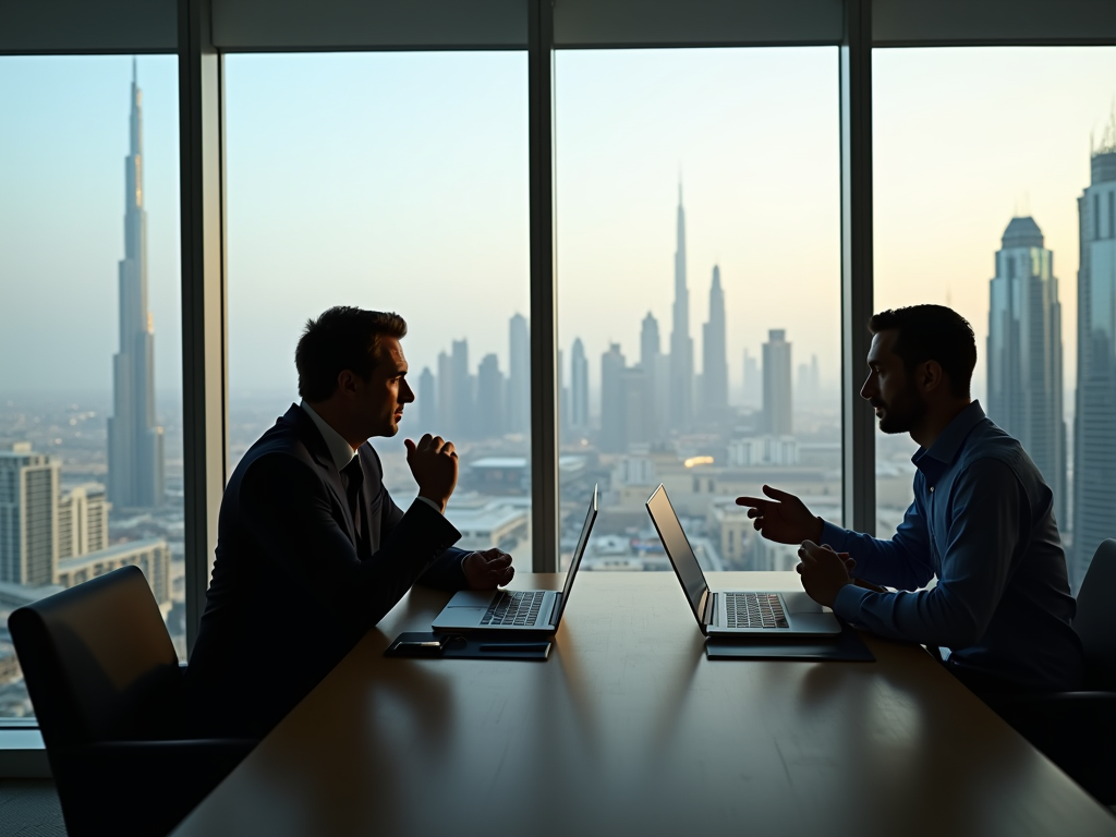 Two men in a business meeting with laptops, silhouetted against a city skyline at dusk.