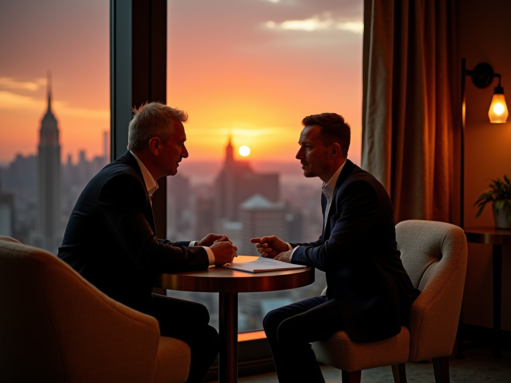 Two businessmen discussing at a table with a city skyline at sunset in the background.