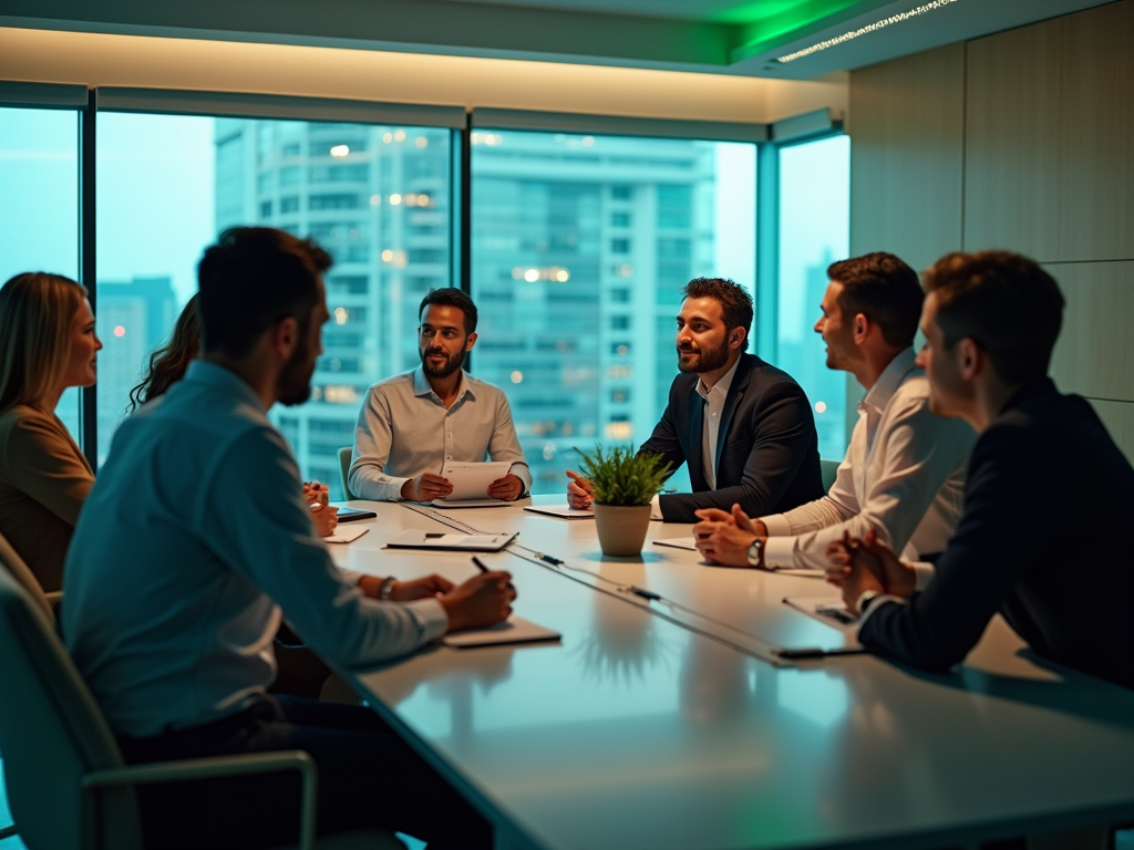 Business professionals sitting around a table in a meeting room with city views at dusk.