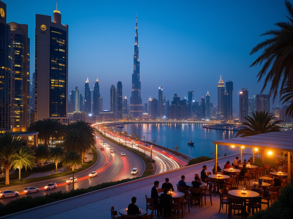 View of Dubai skyline at dusk from a terrace with busy traffic and people dining.