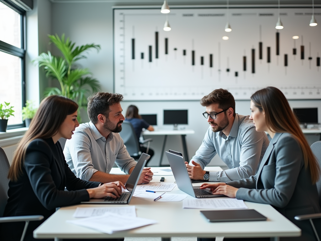 Four professionals discussing at a table in a modern office with data charts on the wall.