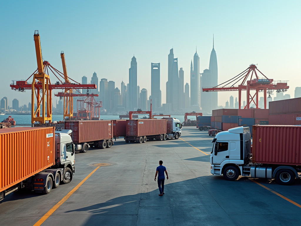 A bustling port with cranes, trucks, and cargo containers, with a city skyline in the background.