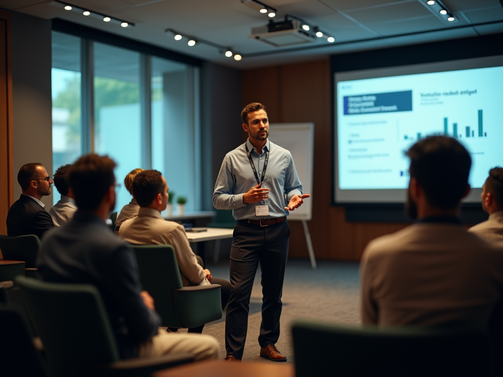 Man presenting to a group in a meeting room with a PowerPoint slide projected behind him.