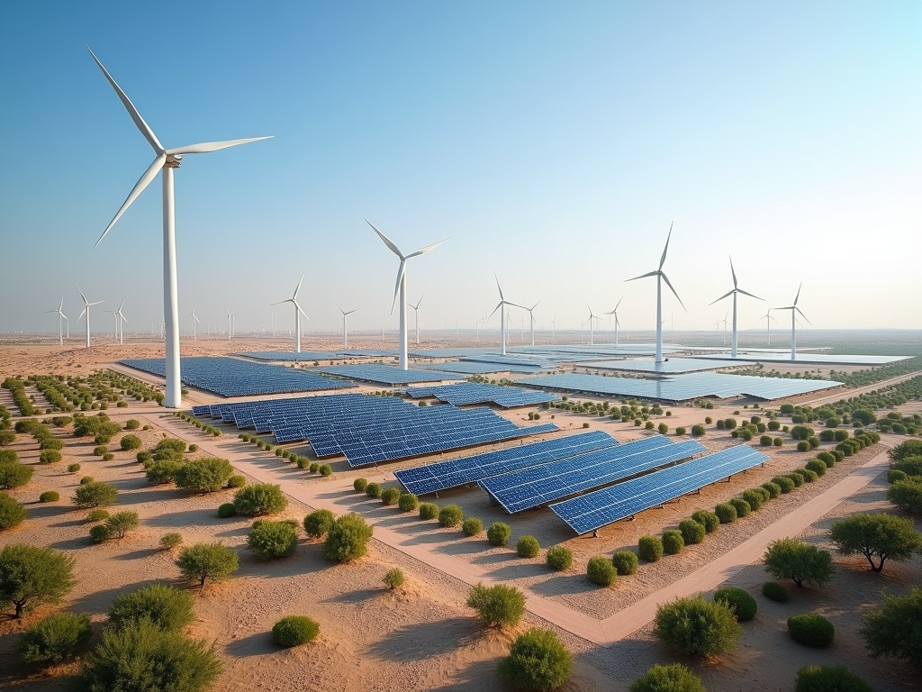 Wind turbines and solar panels in a desert landscape, showcasing renewable energy sources.