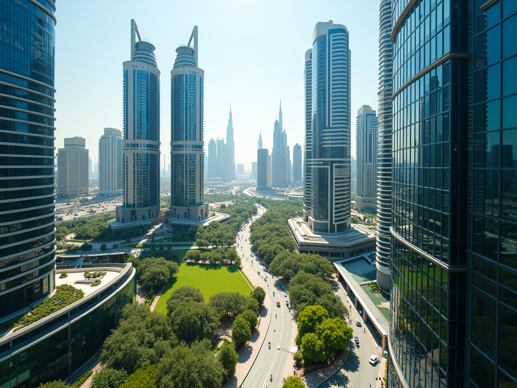 Bright cityscape with towering skyscrapers lining a bustling road, lush green parks, and clear blue sky.