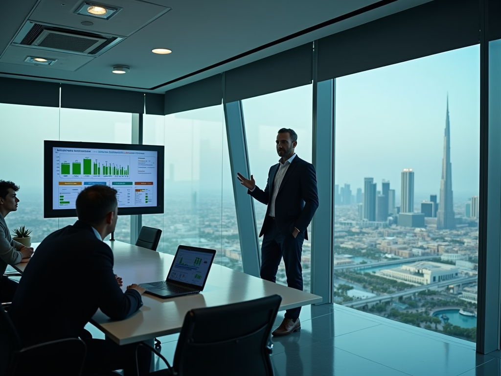 Businessman presenting data on a screen in a high-rise office overlooking a city skyline.