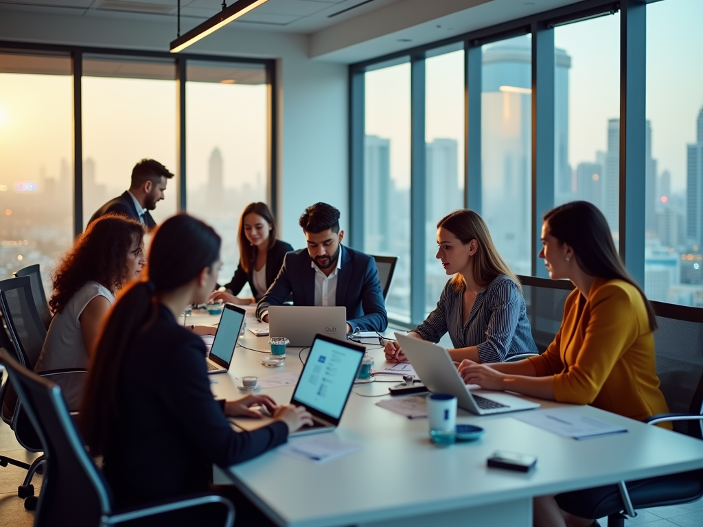 Team of professionals in a meeting, discussing over laptops in an office with city skyline at sunset.