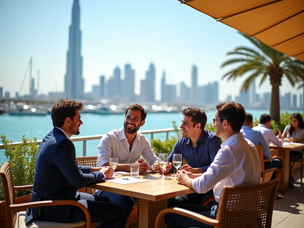 Four men enjoy a sunny outdoor meeting with drinks, overlooking a city skyline and harbor.