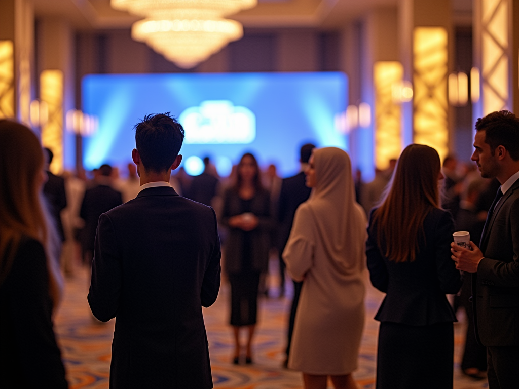 Group of professionals networking at a corporate event, with a large presentation screen in the background.