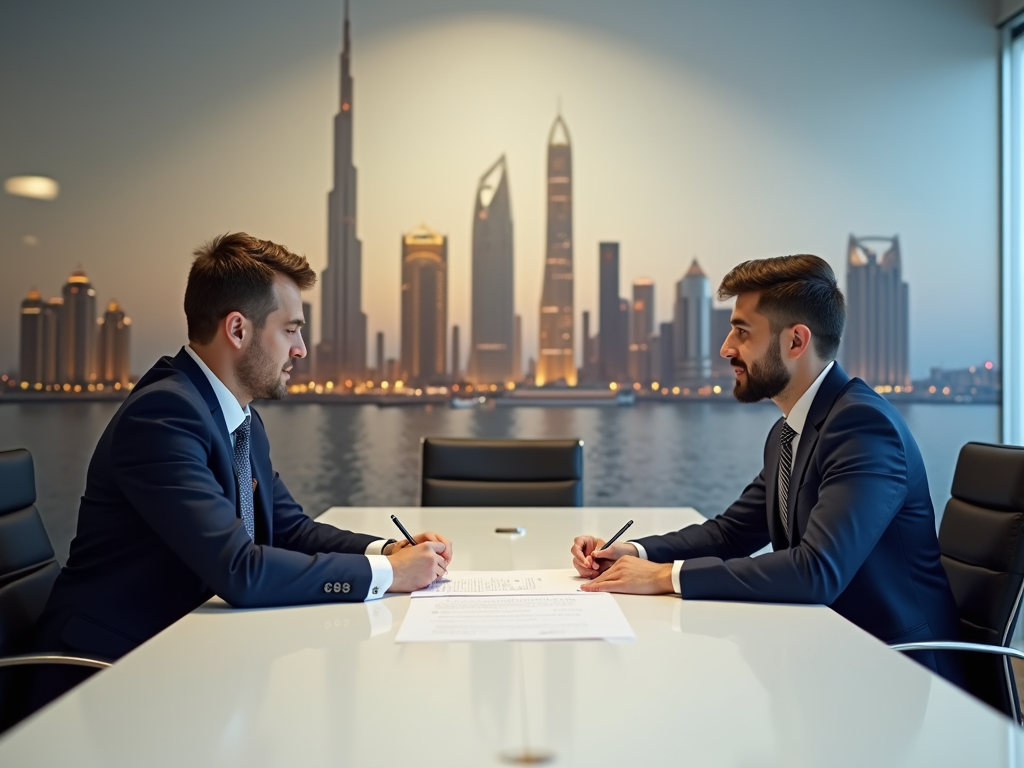 Two businessmen signing documents at a table, with Dubai skyline visible through the window behind them.