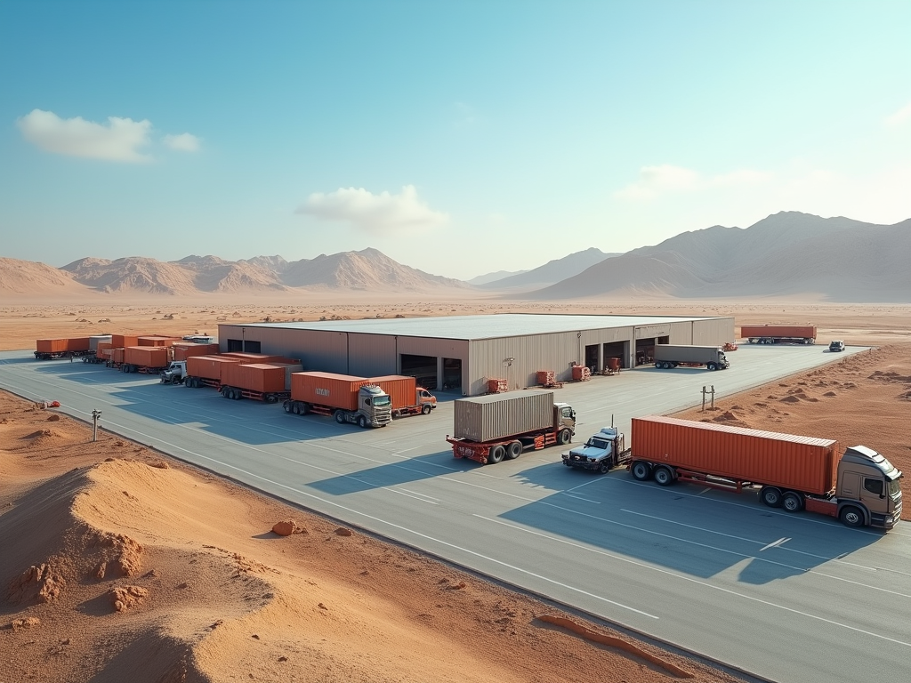 Desert warehouse with trucks loading cargo under a clear sky.