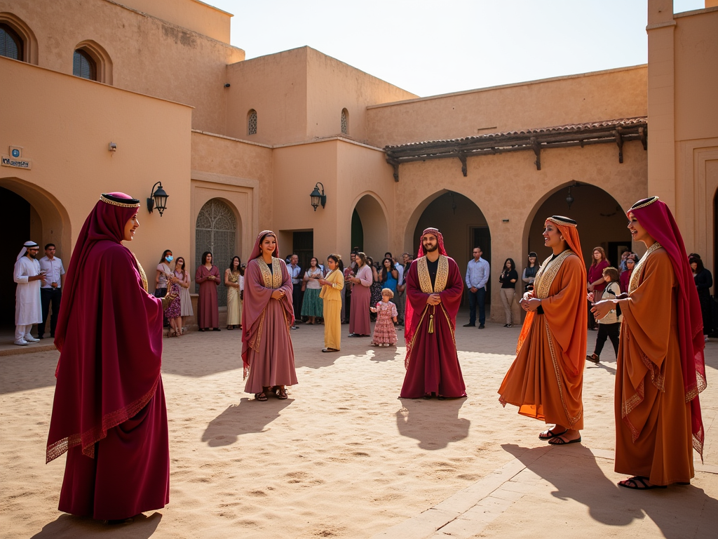 Traditional cultural event in a courtyard with men and women in colorful historical costumes.