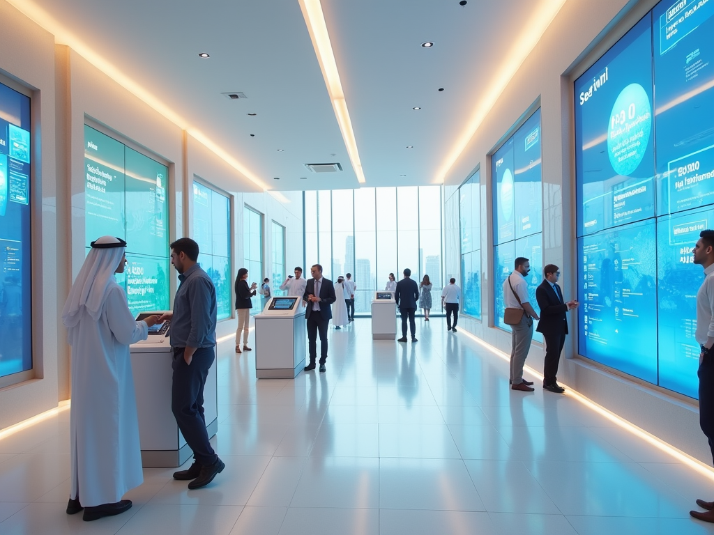 People interacting with digital displays in a modern, well-lit corporate lobby.