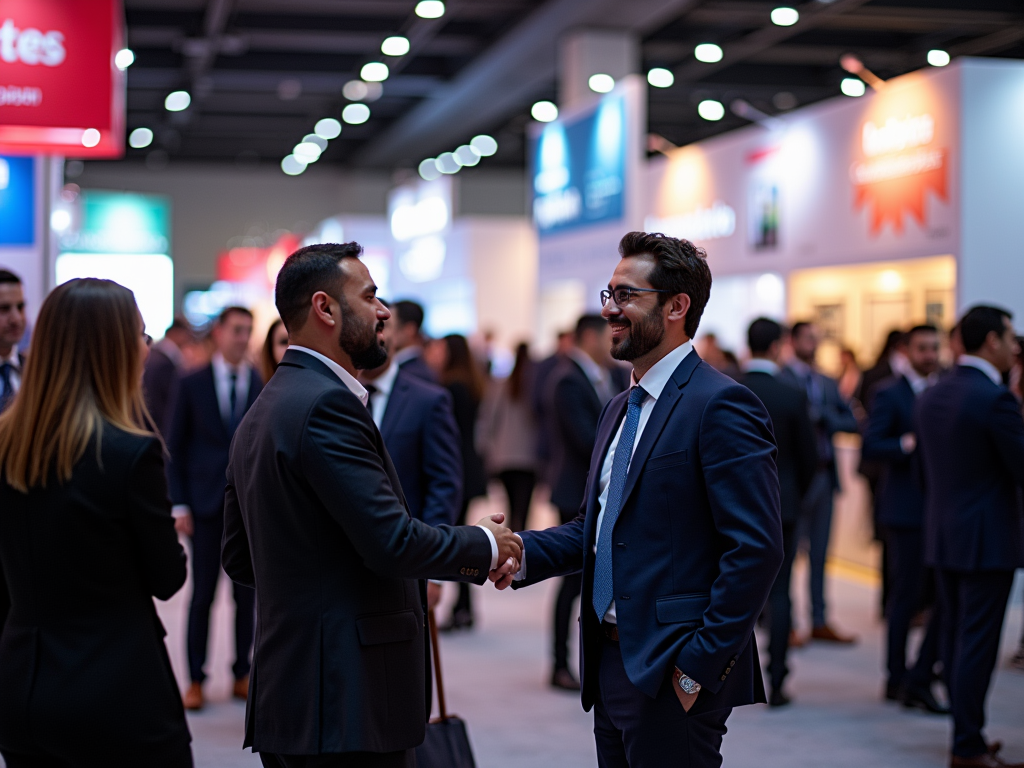 Two men in suits shaking hands at a busy trade show event.