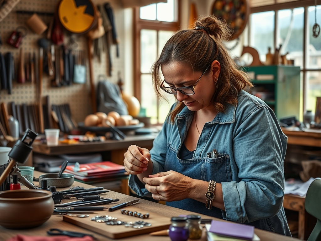 A woman in a denim shirt works intently at a crafting table filled with tools and materials for her art.