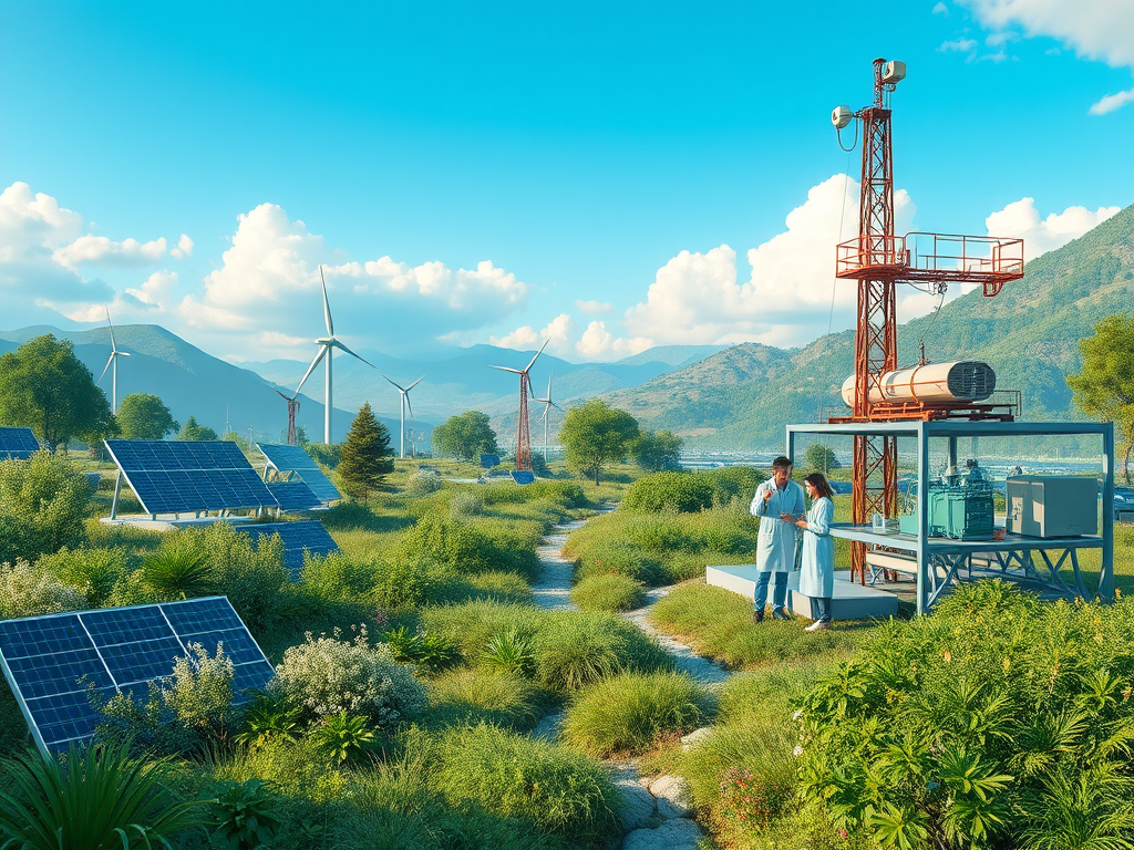 Two scientists discuss near solar panels and wind turbines in a lush, sustainable energy landscape.