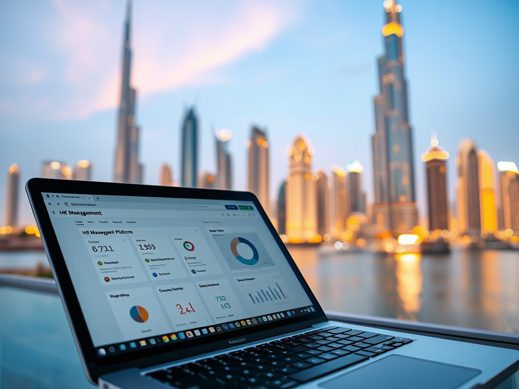 A laptop displaying an HR management platform with a city skyline in the background during twilight.