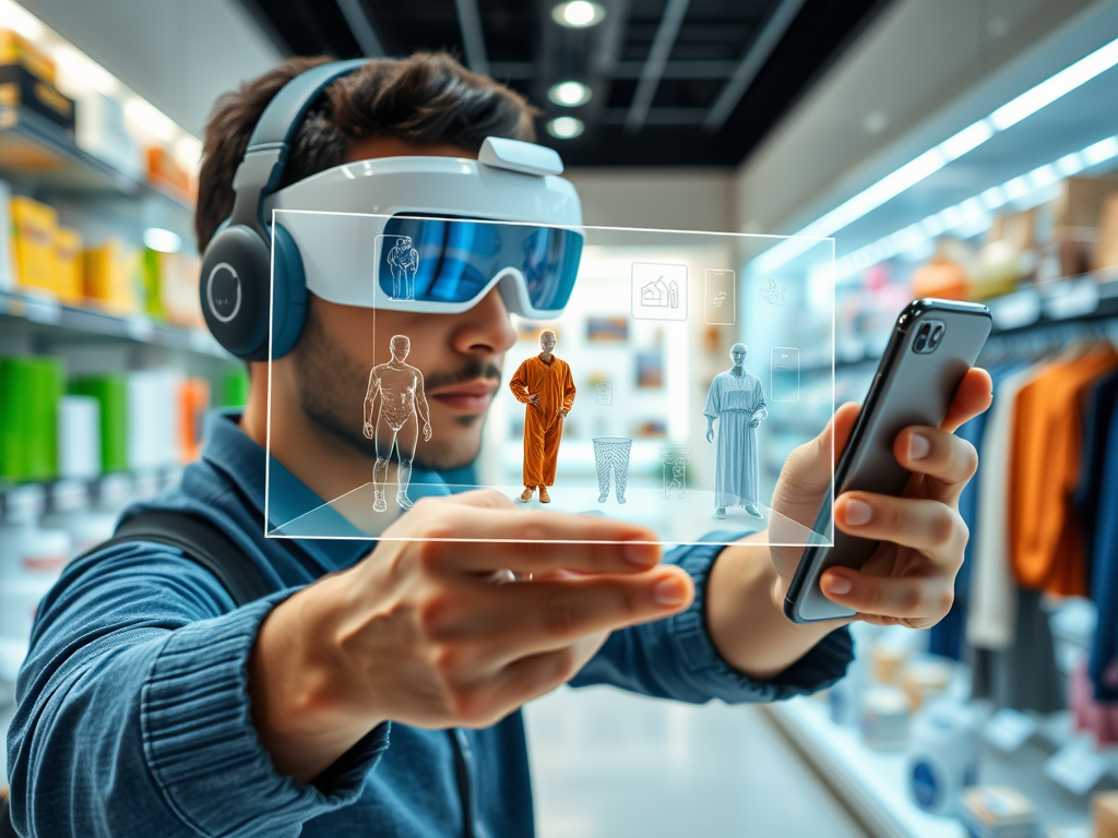 A person wearing VR glasses interacts with a virtual display showing clothing options in a retail store.