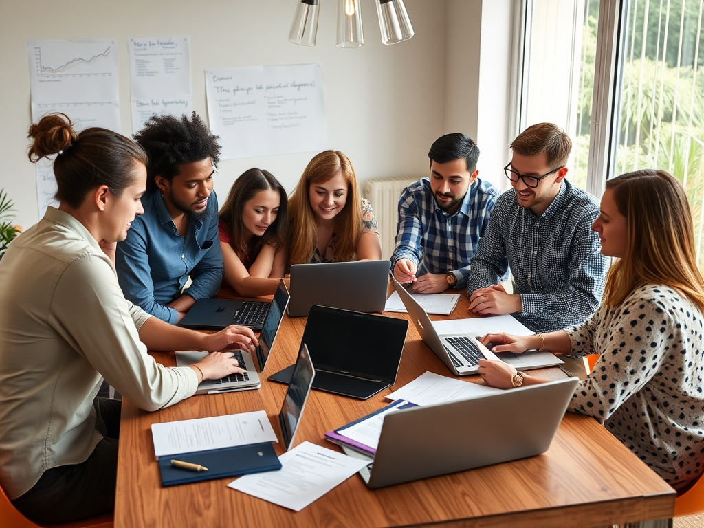 A diverse group of seven people collaborating around a table with laptops and documents in a bright office setting.