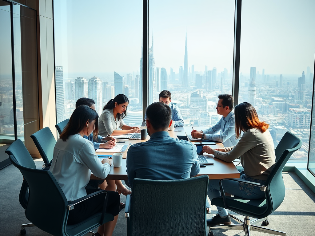 A diverse group of professionals is engaged in a meeting with a skyline view. They are collaborating around a table.