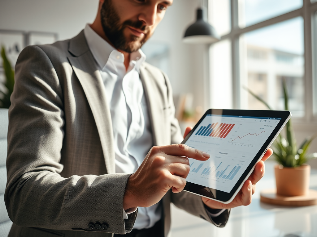 A businessman in a suit points at data graphs on a tablet while standing in a bright, modern office.