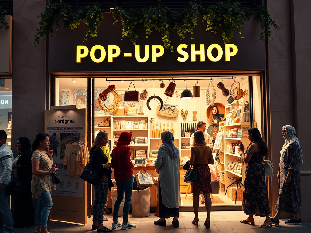 A lively pop-up shop is illuminated at night, with a line of people browsing its trendy assortment of goods.