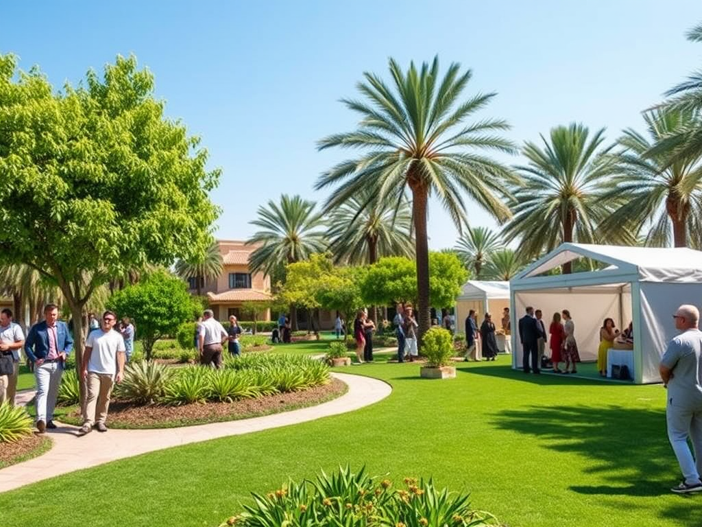 A vibrant outdoor event in a lush garden setting with palm trees and tents, attendees mingling and socializing.