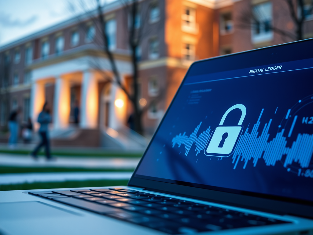 A laptop displays a digital ledger with a lock symbol, set against a blurred campus background at dusk.