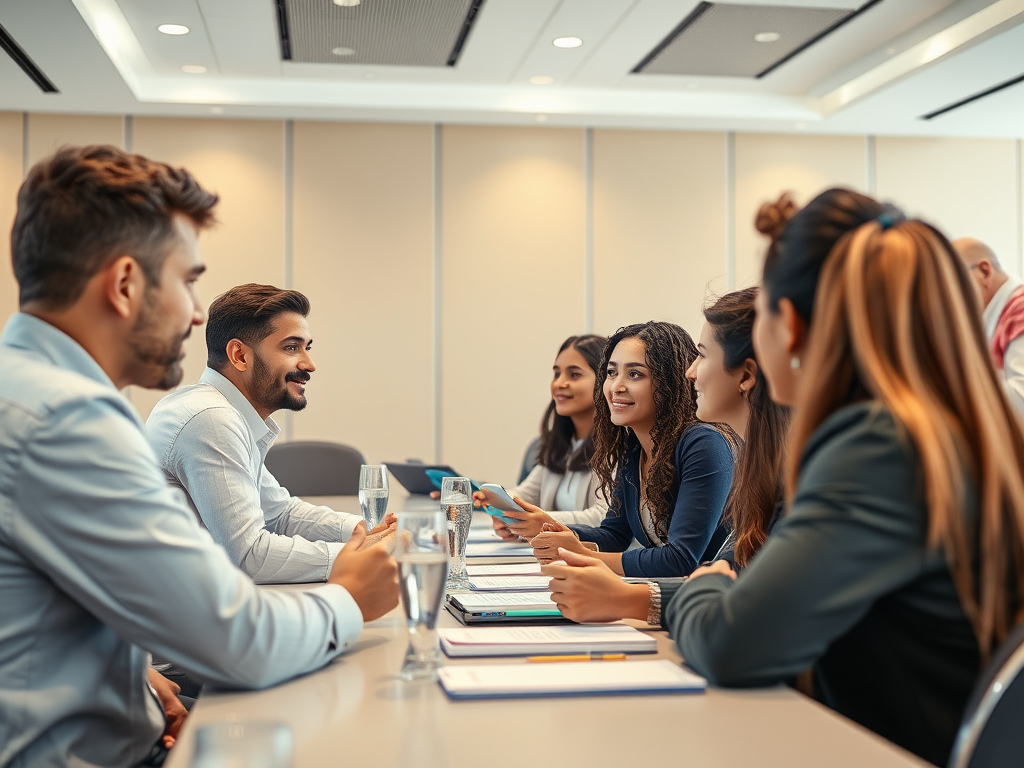 A diverse group of professionals engaged in a collaborative discussion around a conference table.