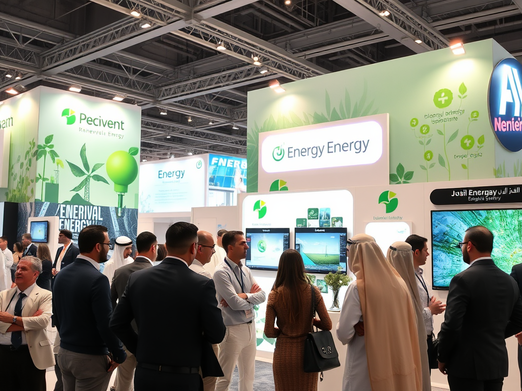 A group of people engages at a renewable energy trade show booth, discussing various energy solutions and technologies.