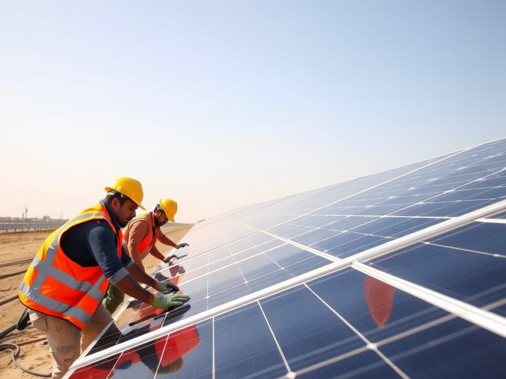 Two workers in safety gear install solar panels under a clear sky in a solar farm.