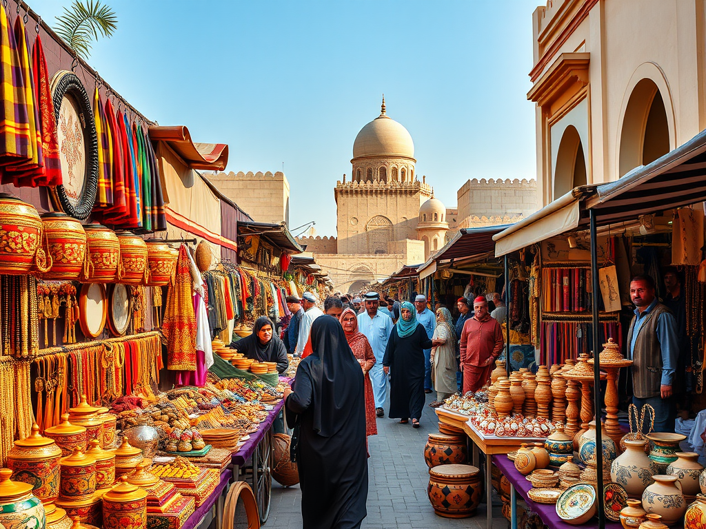 A bustling market scene with colorful stalls showcasing crafts, textiles, and pottery, against a historic backdrop.