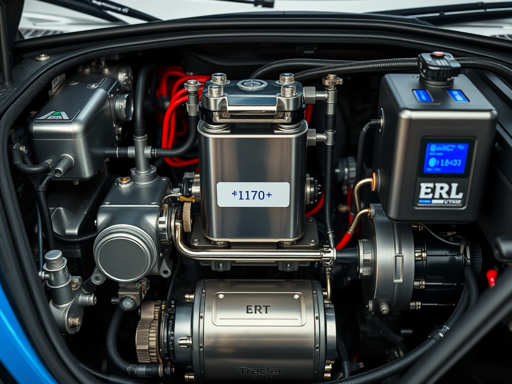 Close-up of a high-performance engine's components, showcasing gauges, pipes, and a metallic reservoir.