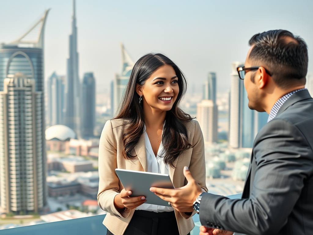 A woman in a blazer smiles while holding a tablet, engaging in conversation with a man against a city skyline.