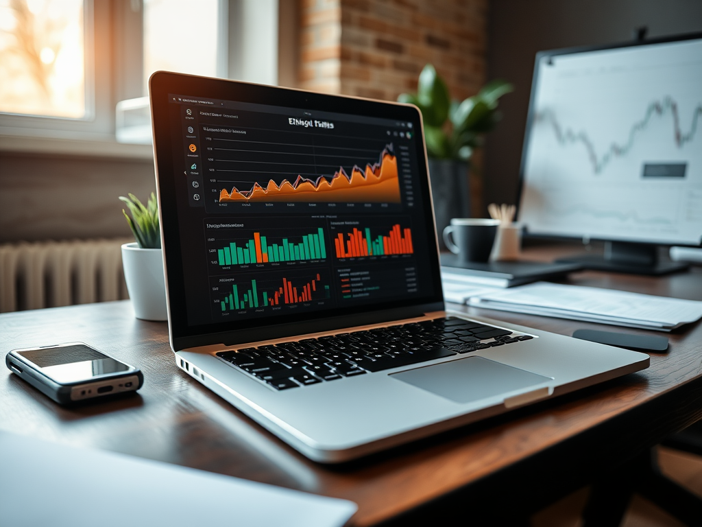 A laptop displaying graphs and data analytics sits on a desk, alongside a smartphone and a coffee cup.