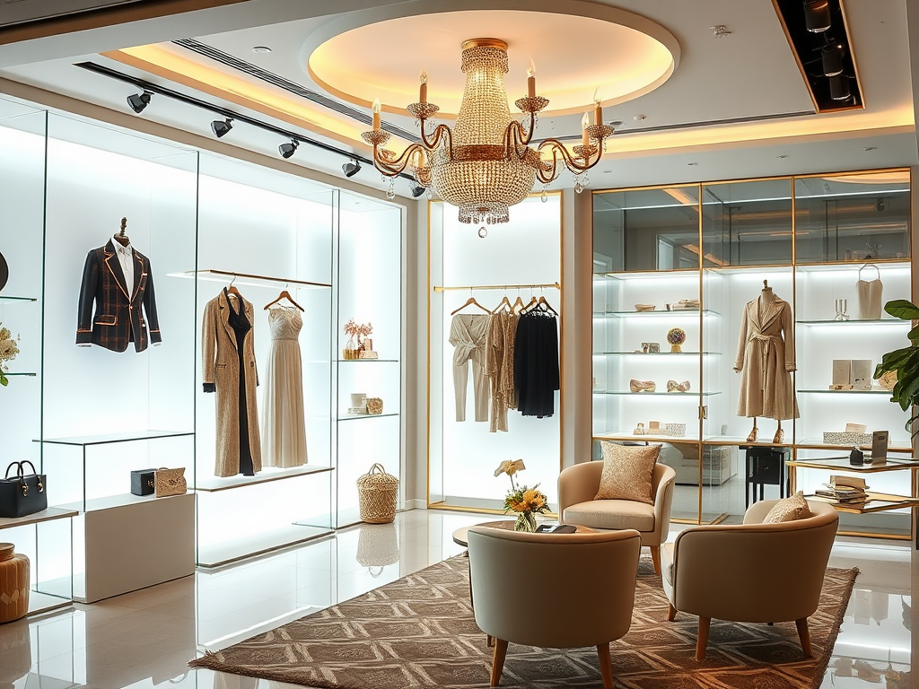 A chic boutique interior featuring elegant clothing displays, a chandelier, and a cozy seating area.